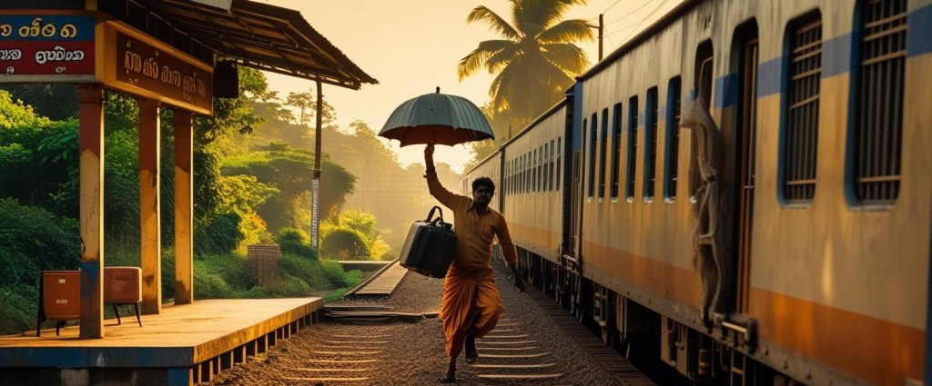 A man carrying a bag and an umbrella hurries along a rural platform beside a departing train