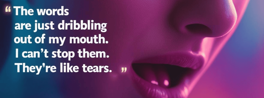 A mouth in close-up on a magenta ground, lettered “The words are just dribbling out of my mouth. I can’t stop them. They’re like tears.”