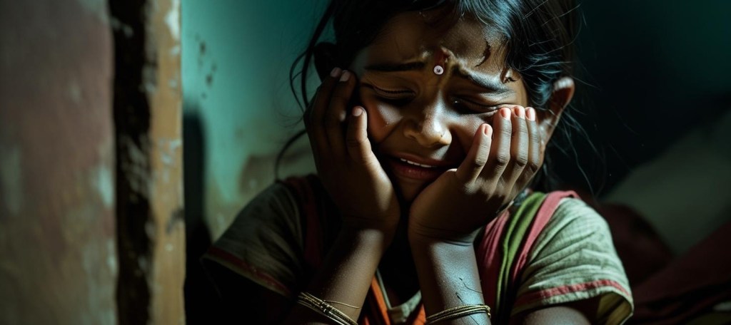 A young girl rests her face in her hands in a dimly lit room