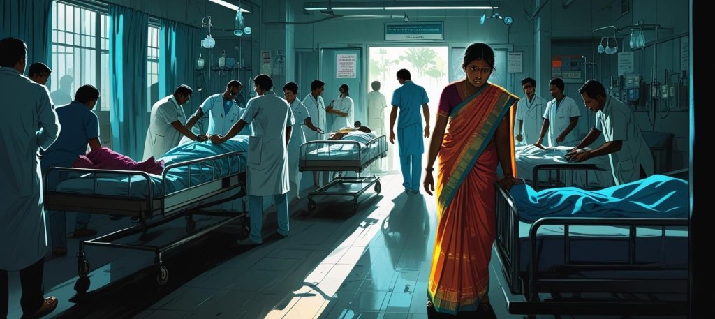A woman in a saree stands in a lit doorway of a crowded hospital ward while doctors attend to patients