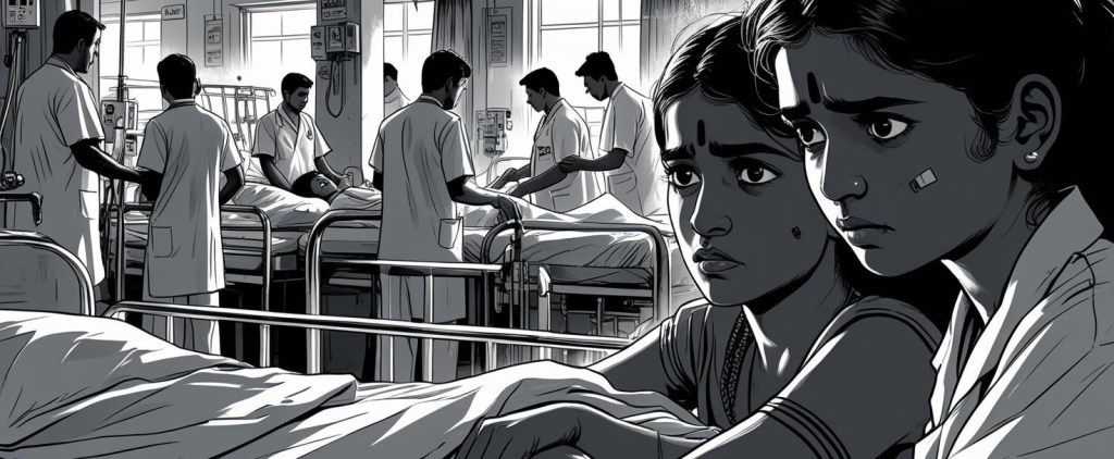 A pen and ink drawing of a crowded hospital ward, with two young patients looking out at the viewer