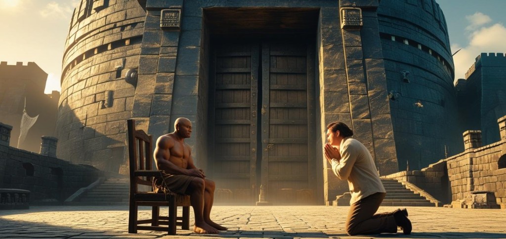 A man approaches a gatekeeper seated before the open gate of a great stone wall