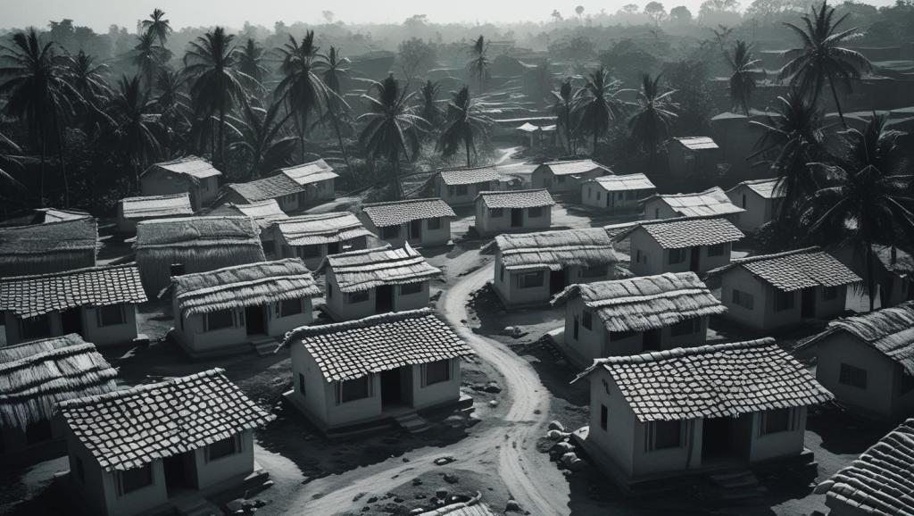 A black and white view across the tiled roofs of a crowded village among coconut palms