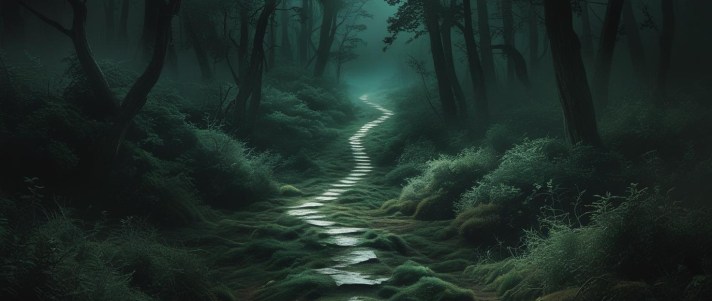 A faint path winding away through dense green woodland