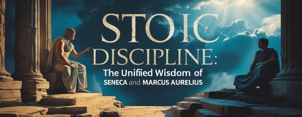 A banner reading “Stoic Discipline: The Unified Wisdom of Seneca and Marcus Aurelius”, with two classical figures