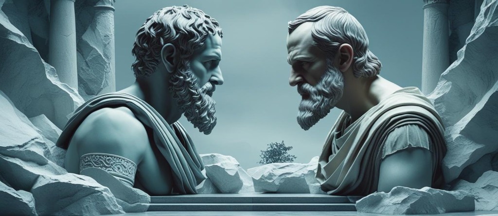 Marble busts of Seneca and Marcus Aurelius, turned to face one another