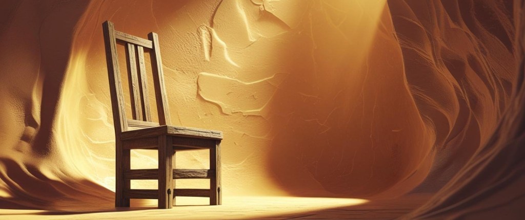 An empty wooden chair standing in a haze of golden light
