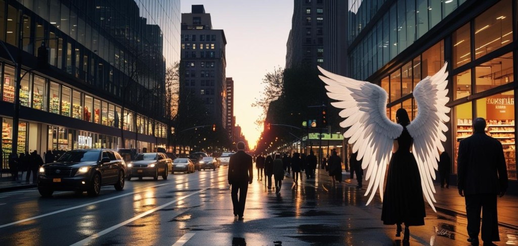 A winged figure in white walks among pedestrians on a busy city street at dusk