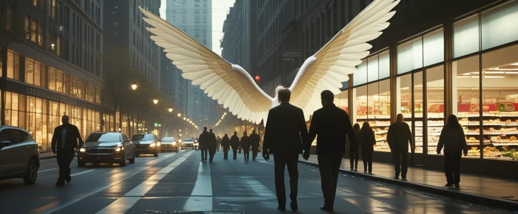 A winged figure stands with its wings spread on a lit city street, seen from behind