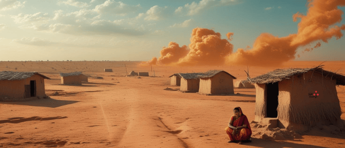 Mud houses scattered across an arid plain under an orange evening sky