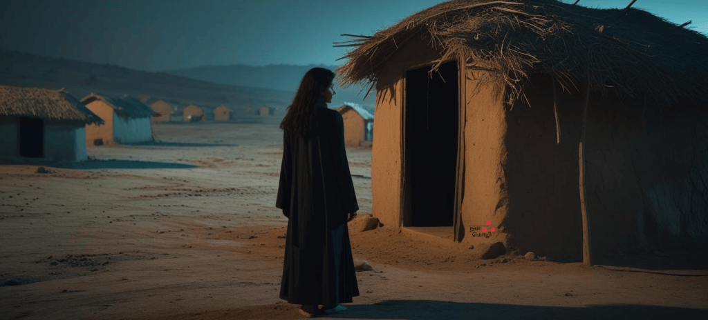 A woman stands at the doorway of a thatched village house