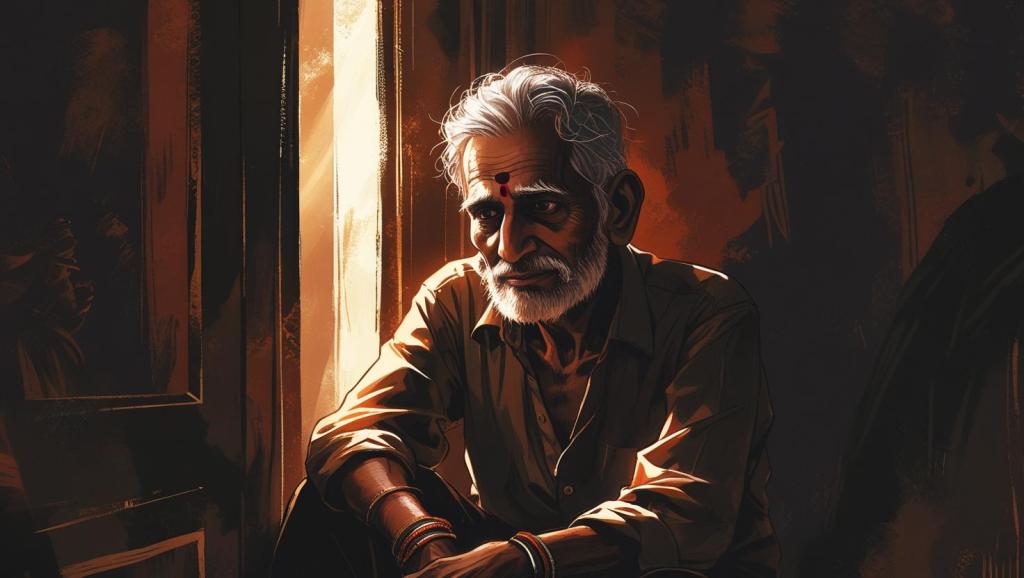 An elderly man watches from a doorway in warm lamplight