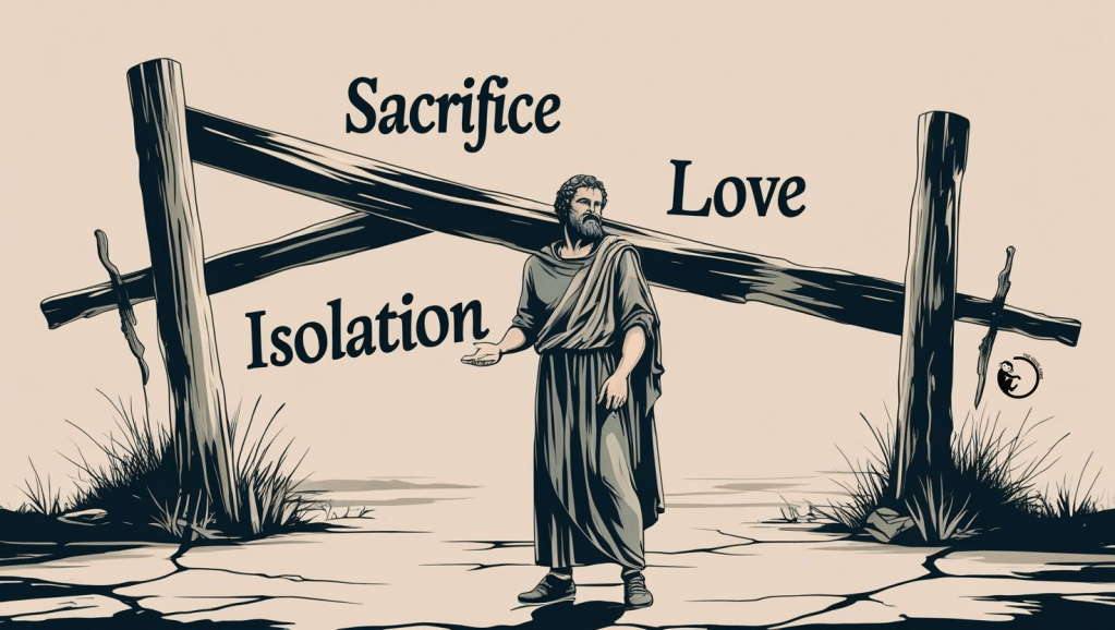 A line drawing of a figure carrying three crosses, lettered Isolation, Sacrifice, and Love