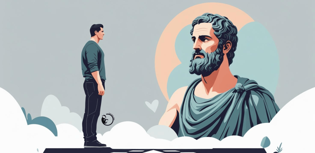 An illustration of a modern man standing face to face with Marcus Aurelius