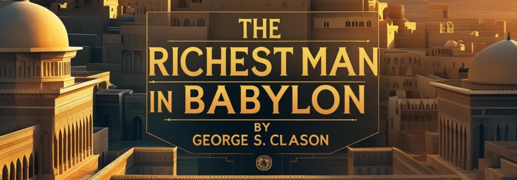 A poster reading “The Richest Man in Babylon by George S. Clason” above a golden city