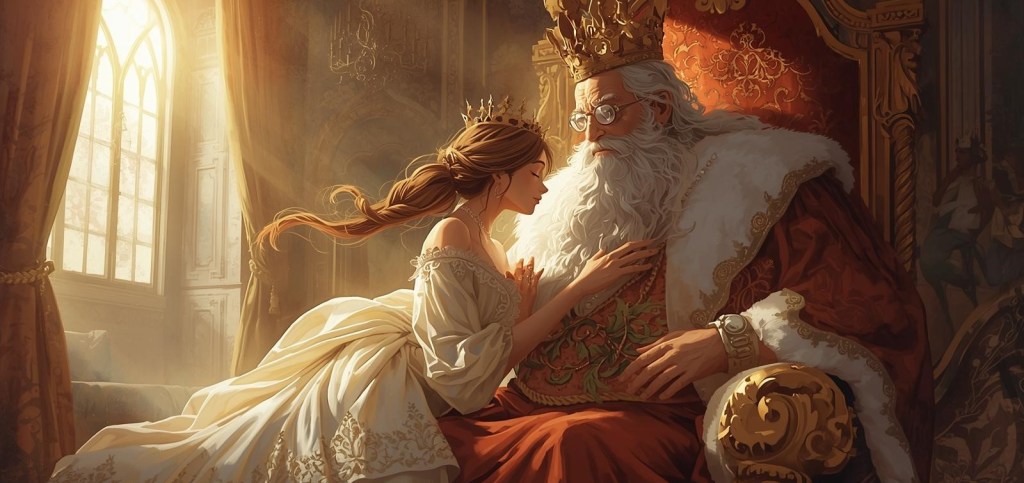 A painted scene of a young woman resting against her elderly father indoors