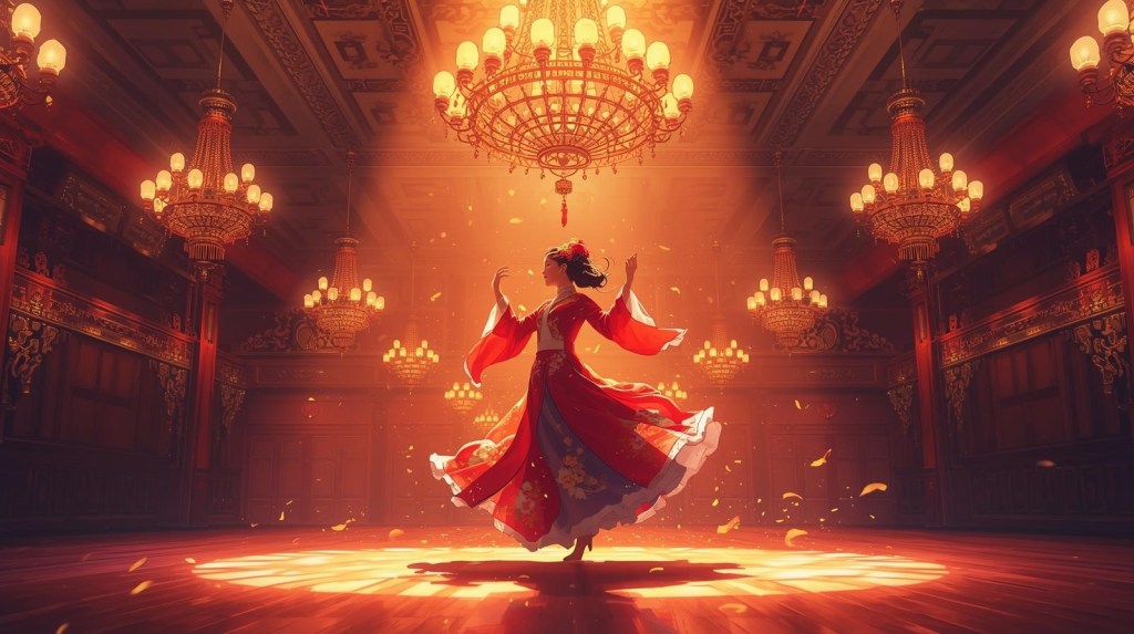 A woman in a red dress dancing alone in a grand, chandelier-lit hall